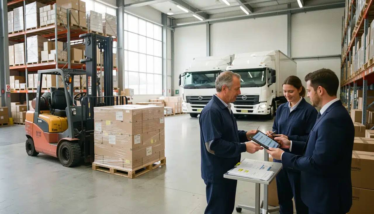 Équipe en entrepôt avec chariot élévateur et camions